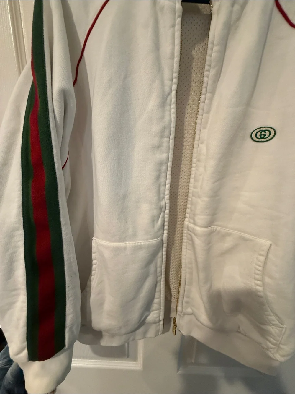 Gucci White Bomber Jacket with Green & Red Stripes